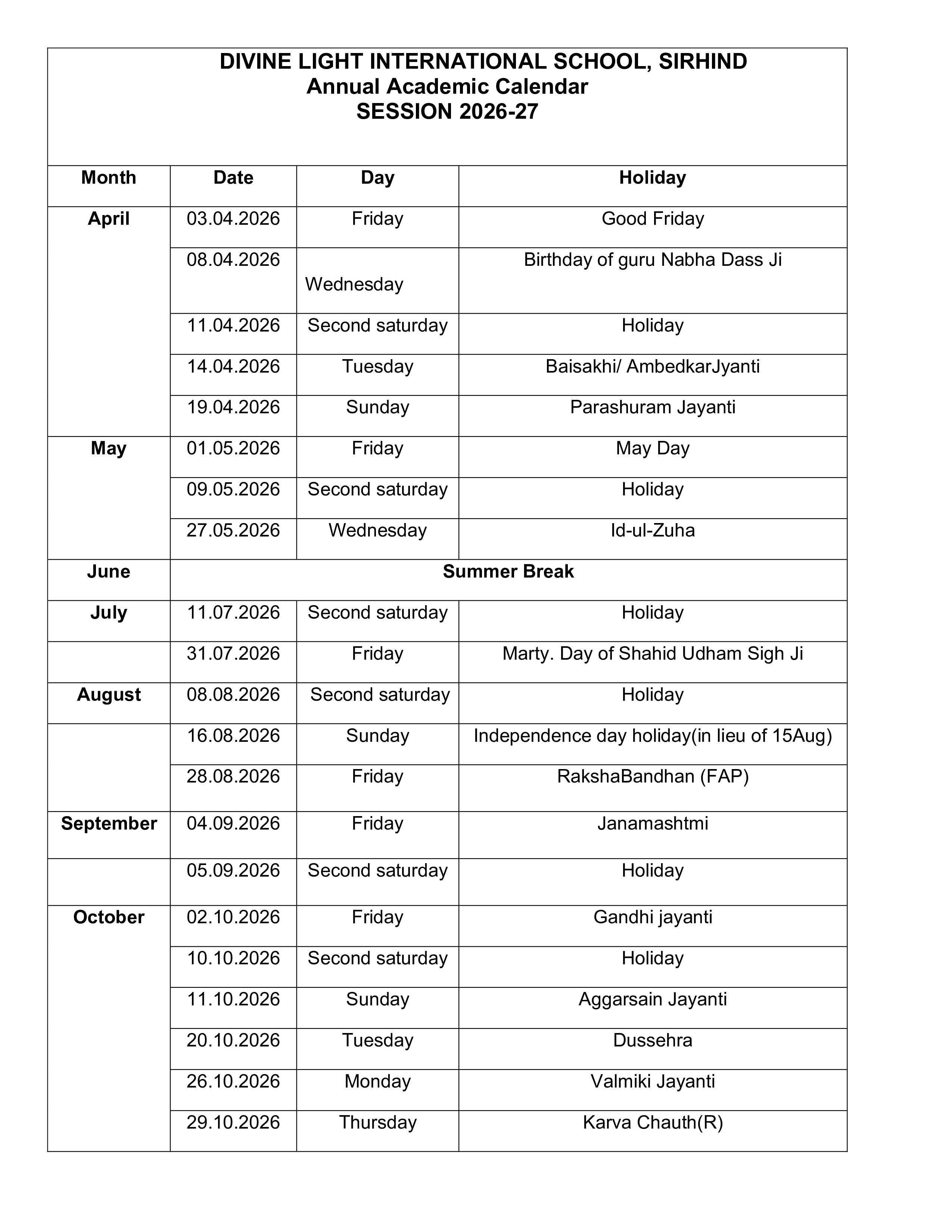 academic calender